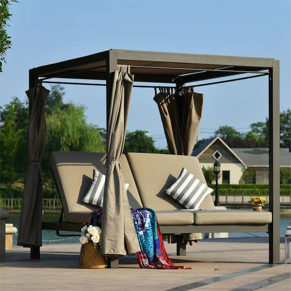 Cisvio Metal Outdoor Terrace Sunbed Sofa Recliner Adjustable Canopy, with Double Recliner, Brown Cushions