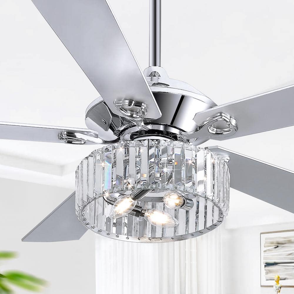 Chrome 52-Inch Ceiling Fan with Crystal Chandelier and Remote