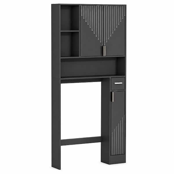 Black Freestanding Over Toilet Storage Cabinet with 3 Doors, Adjustable Shelves, and Toilet Paper Holder