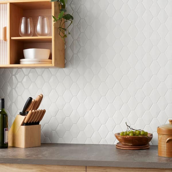 Medley Diamond Cloud White 10.39 in. x 12.55 in. Glossy Ceramic Mosaic Wall Tile (0.9 sq. ft./Each)