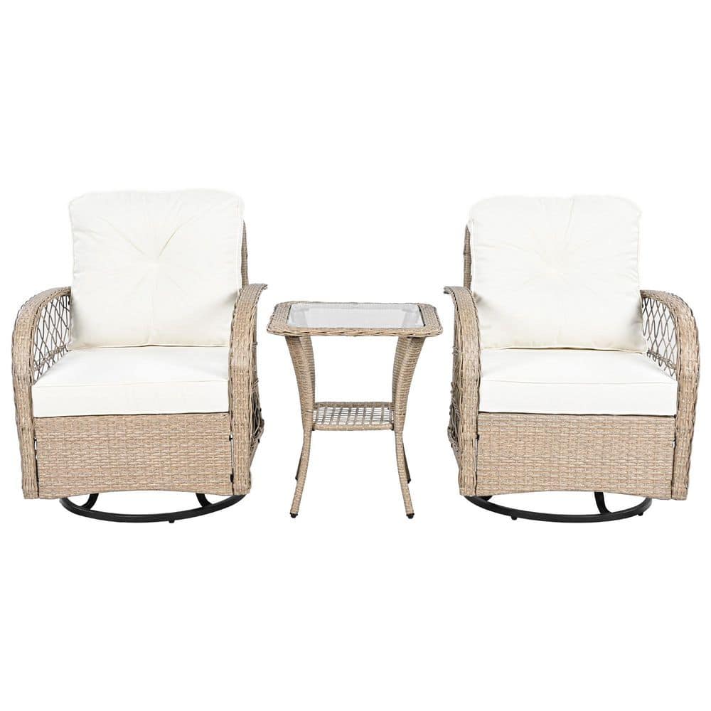 3 Piece Wicker Outdoor Bistro Set with White Cushions, Two Swivel Chairs an