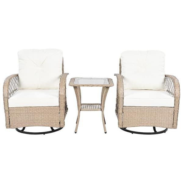 Unbranded 3 Piece Wicker Outdoor Bistro Set with White Cushions, Two Swivel Chairs and Square Table for Garden