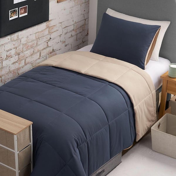 Comforter Case とSheet The Sheet Lab Box Stitch Reversible 3-Piece Blue/Tan Solid