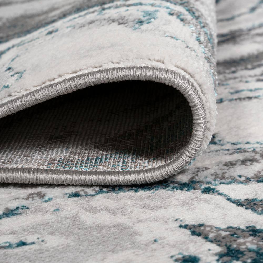Gray and Turquoise Abstract Washable Synthetic Runner Rug 2' x 10'