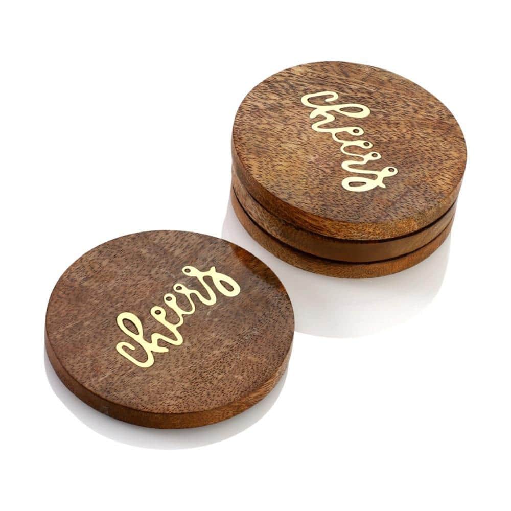 Way to Celebrate Board-Shaped Drink Coasters, Wood, Paddle, 4-Pack, Brown 
