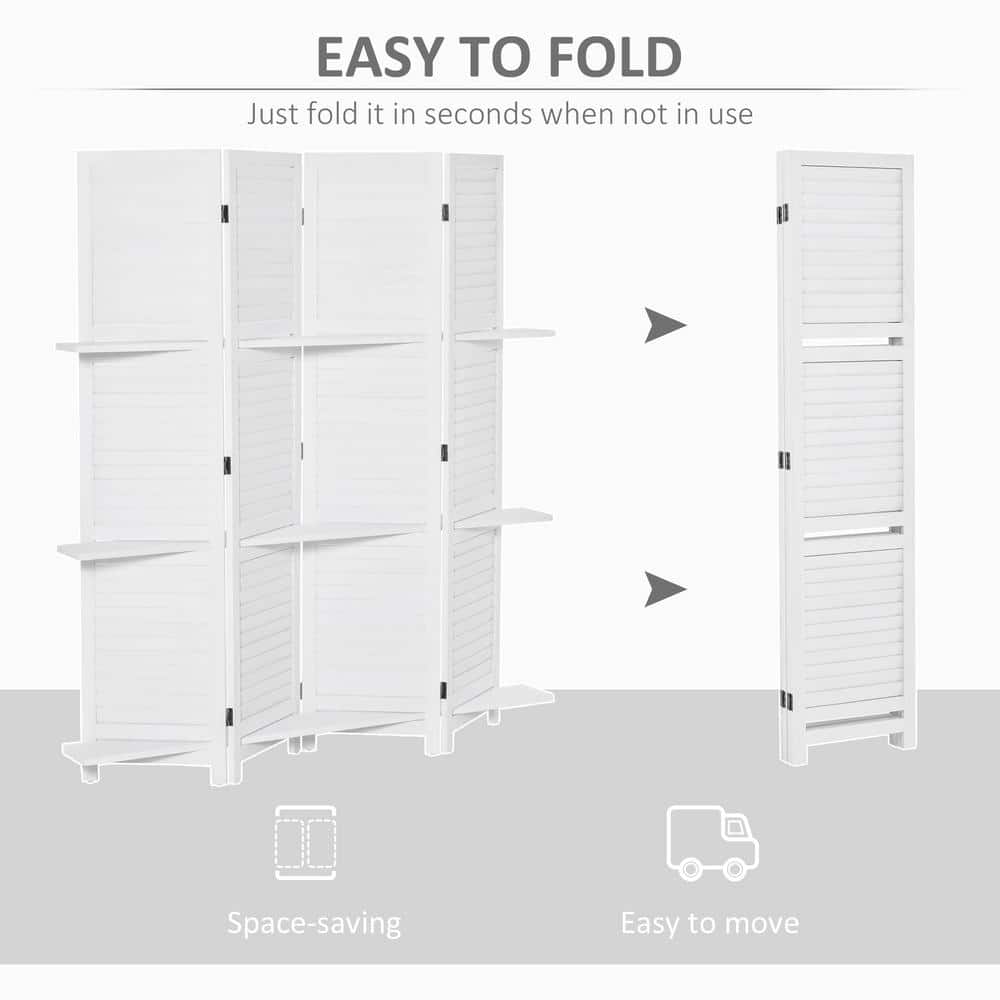 White Wood 4-Panel Folding Room Divider with Shelves