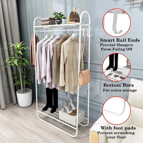 White Metal Garment Clothes Rack with 2 Tiers Shelves 33 in. W x 65 in. H  rack-476 - The Home Depot