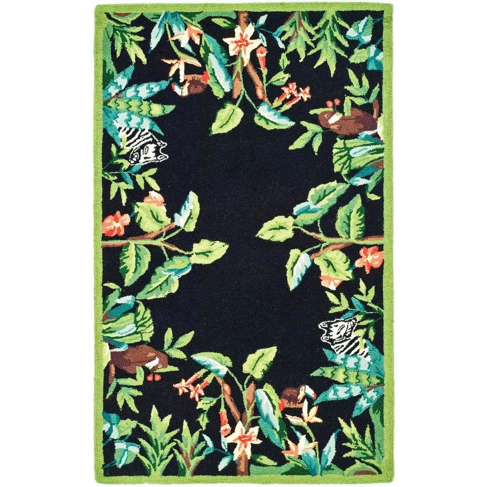 Handmade Black and Green Floral Wool Rectangular Rug