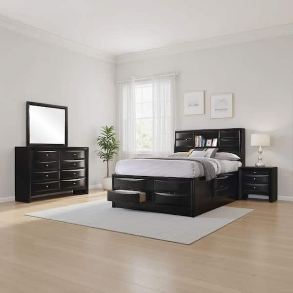 Ica 4-Piece Black Wood Queen Size Bedroom Set with Storage