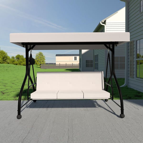 VEIKOUS 3-Seat Converting Canopy Patio Swing Steel Lounge Chair with Cushions in Beige