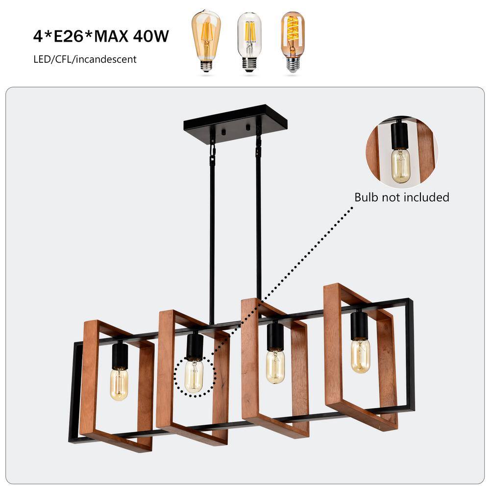 36" Matte Black and Rustic Wood Rectangular Island Chandelier