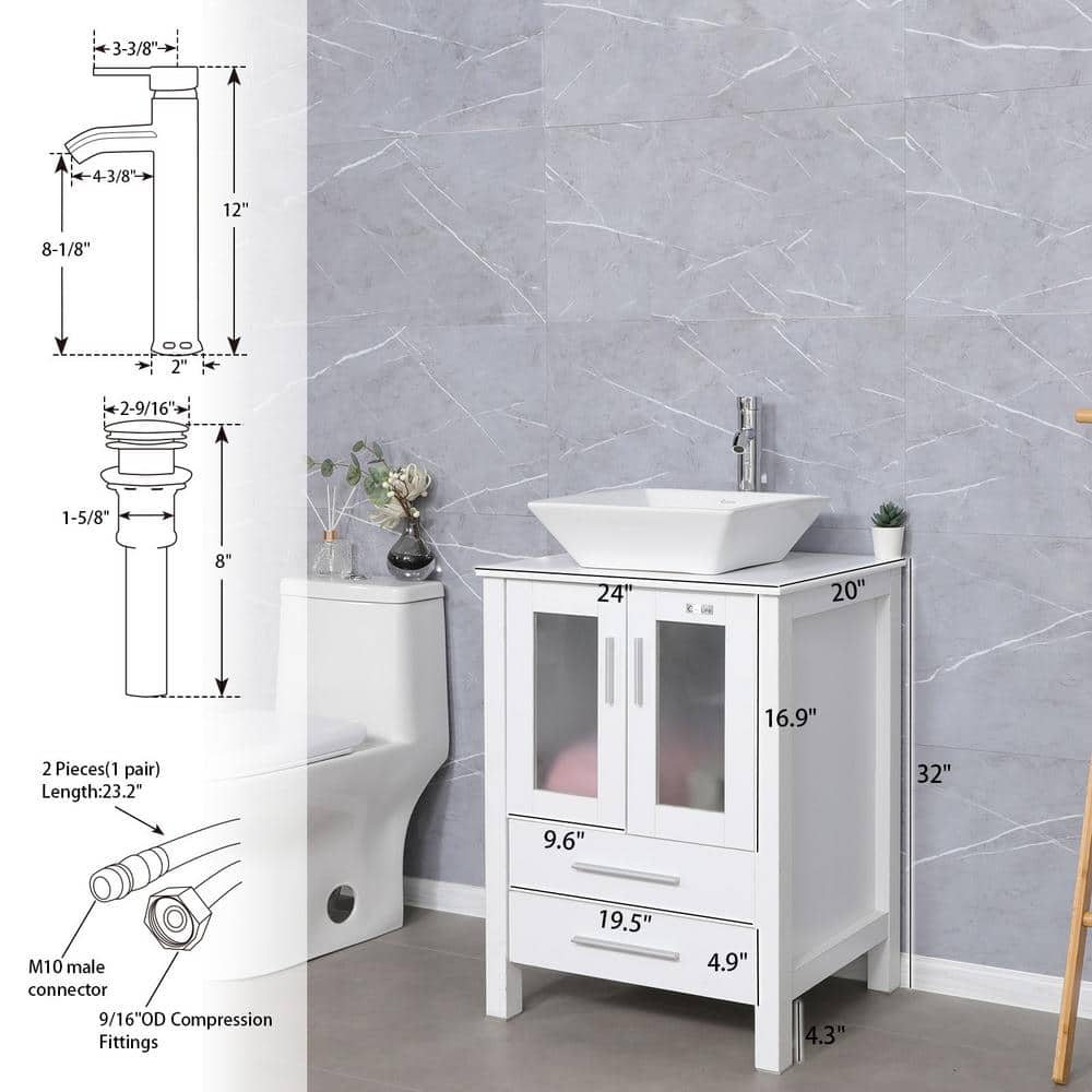 24" White MDF Bathroom Vanity with Ceramic Sink and Chrome Faucet