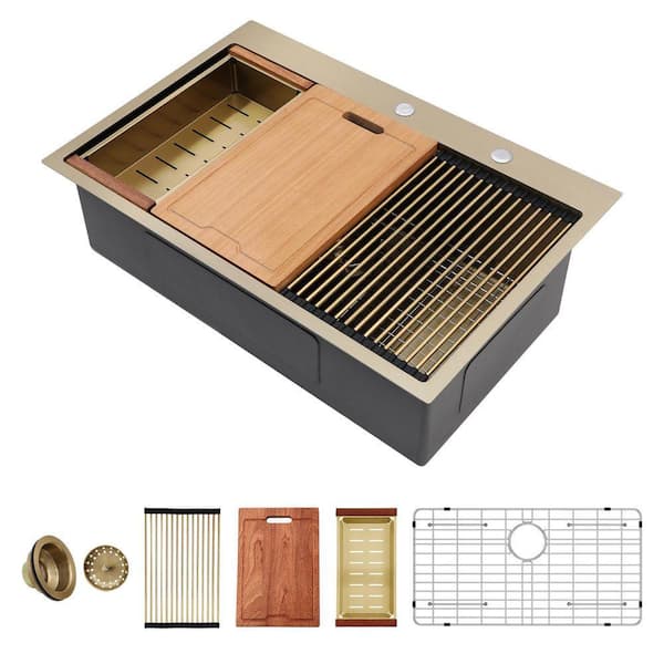 33 in. x 22 in. Gold Drop-In Single Bowl 16 Gauge Stainless Steel Workstation Kitchen Sink with Sink Accessories