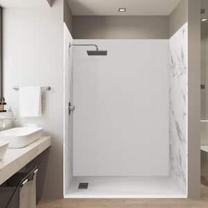 60 in. L x 32 in. W x 84 in. H Alcove Solid Composite Stone Shower Kit w/Flutes/Carrara Walls & L/R White Shower Pan