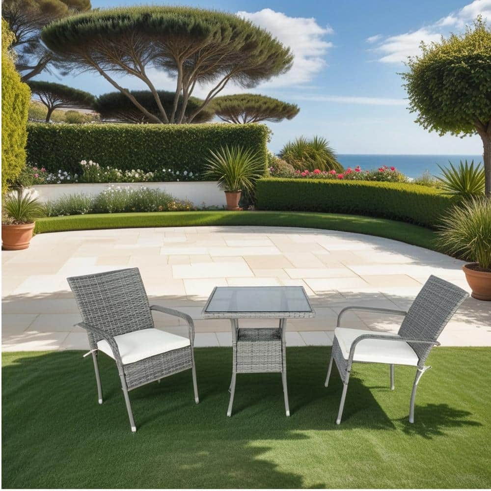 3-Piece Gray Steel and Wicker Patio Set with Beige Cushions