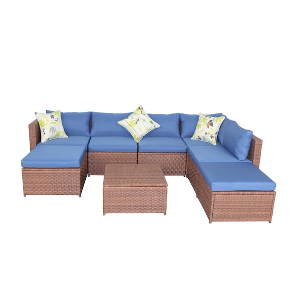 Unbranded Chocolate 7-Piece Cushioned Wicker Outdoor Patio PE Rattan Furniture Set Sectional Garden Sofa with Blue Cushion