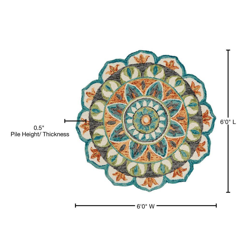 Handmade Floral Medallion Teal & Cream Wool Round Rug, 6' Diameter