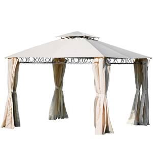11 ft. x 11 ft. Beige Outdoor Double Tiered Grill Canopy Gazebo Tent with Mosquito Netting