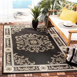 Courtyard Black/Sand 7 ft. x 7 ft. Square Floral Indoor/Outdoor Patio  Area Rug