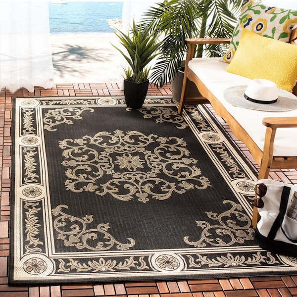 Courtyard Black/Sand 8 ft. x 11 ft. Floral Indoor/Outdoor Patio  Area Rug