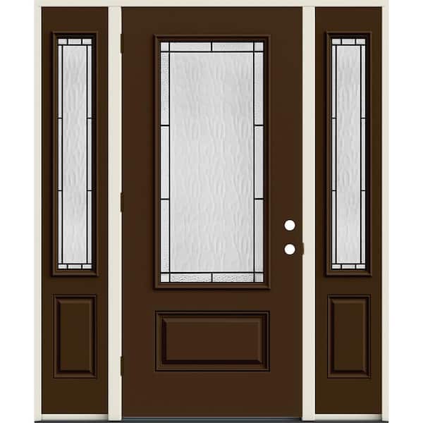 60 in. x 80 in. Right-Hand 3/4 Lite Decorative Glass Wendover Dark Chocolate Fiberglass Prehung Front Door w/Sidelites