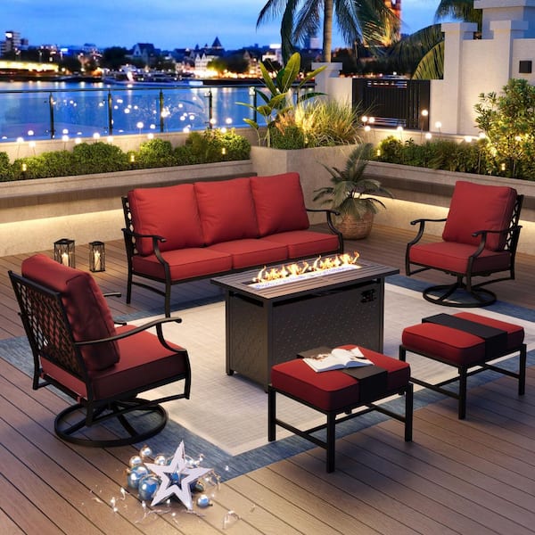 PHI VILLA Black Metal Meshed 7 Seat 6-Piece Steel Outdoor Fire Pit Patio Set with Red Cushions Black Rectangular Fire Pit Table