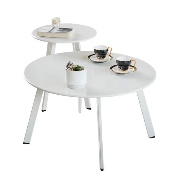 Unbranded 28.17"W x 16"H White Round Metal Outdoor Coffee Table Set of 2 for Balcony Patio