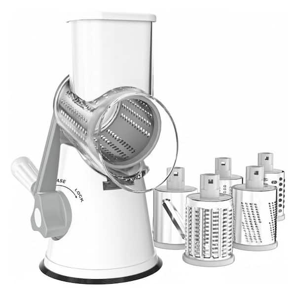 White Rotary Cheese Grater Hand Crank Shredder with 5 Stainless Steel Blades for Cheese Vegetables Nuts