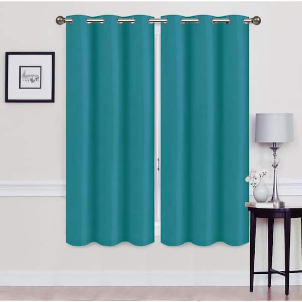 J&V TEXTILES Madonna Teal Solid Polyester Thermal 76 in. W x 63 in. L Grommet Blackout Curtain Panel (Set of 2)