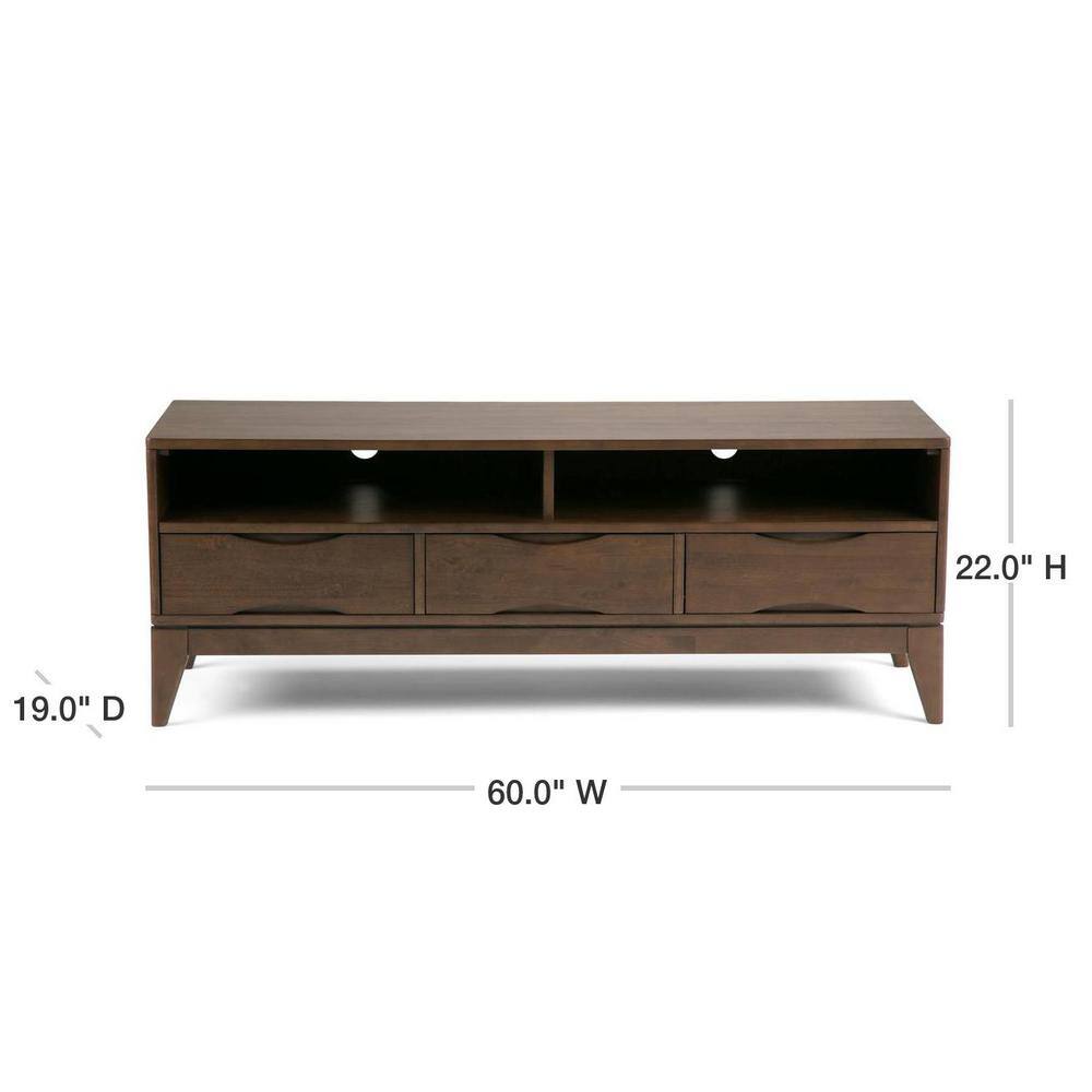 Harper 60" Walnut Brown Rubberwood TV Stand with Cabinet and Drawers