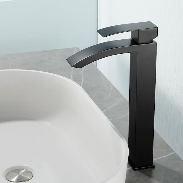 Single Handle Vessel Sink Faucet with Pop-Up Drain, Waterfall Tall Single Hole Bathroom Sink Faucet in Matte Black