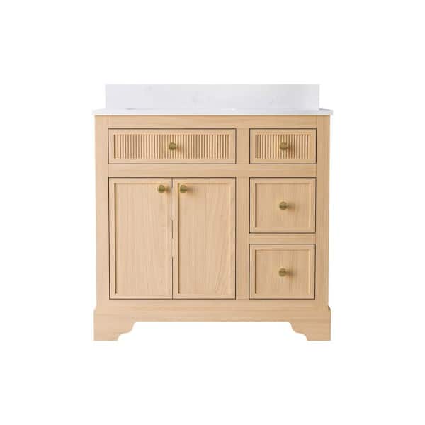 36 in. W Assembled Solid Wood Bathroom Vanity in Distressed Oak Flip Drawer Carrara White Quartz Top Single Sink