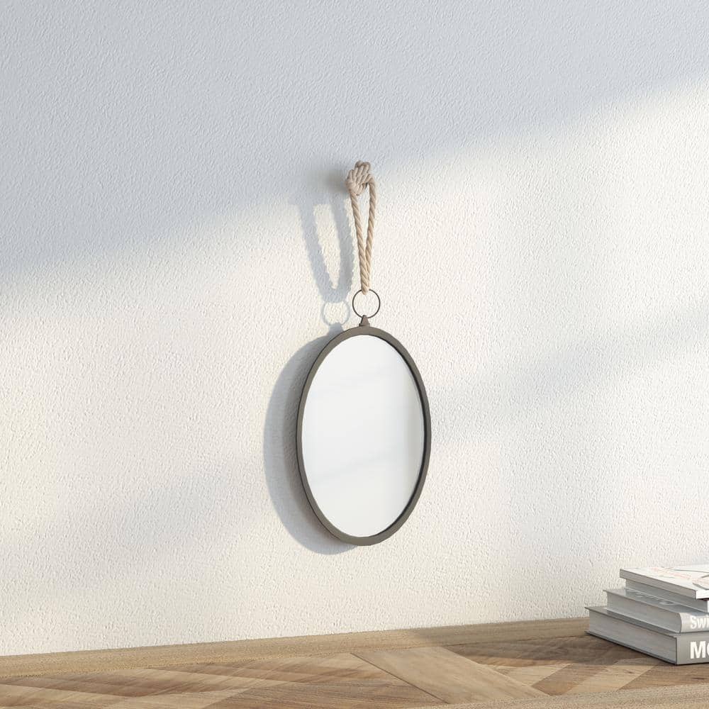 Oval Silver Metal Wall Mirror with Rope Hanging Loop