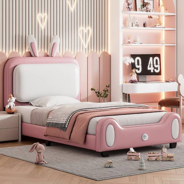 Harper & Bright Designs White and Pink Twin Size Rabbit-Shape PU Upholstered Platform Bed with Headboard and Footboard