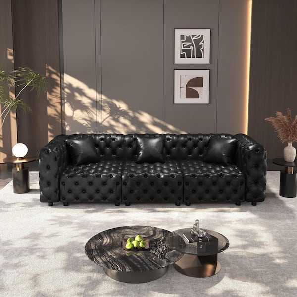 105.7 in. Square Arms Faux Leather Square Sofa in. Black with Pure Handmade Button Tufted Design