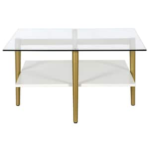 32 in. Gold Square Glass Coffee Table with Shelves;Storage