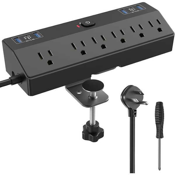 phyfalip 6-Outlet Desktop Clamp Power Strip Surge Protector with 6 USB Ports 40-WattFast Charging Station, Desk Shelf Mount Black