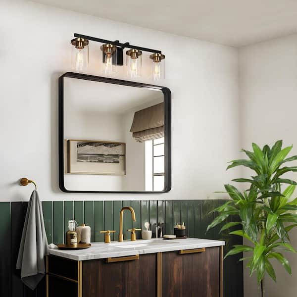 27 in. 4-Light Black Vanity Light for Bathroom Modern Industrial Brass Gold Wall Light with Cylinder Clear Glass Shades