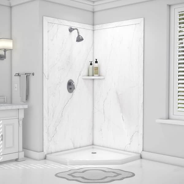 FlexStone Splendor 40 in. x 40 in. x 80 in. 7-Piece Easy up Adhesive Corner Shower Wall Surround in Oyster