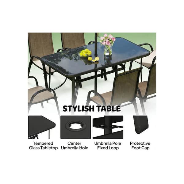 cheap patio sets with umbrella PHI VILLA Black 8-Piece Metal Patio Outdoor Dining Set with Slat Rectangle Table, Textilene Swivel Chairs and Beige Umbrella