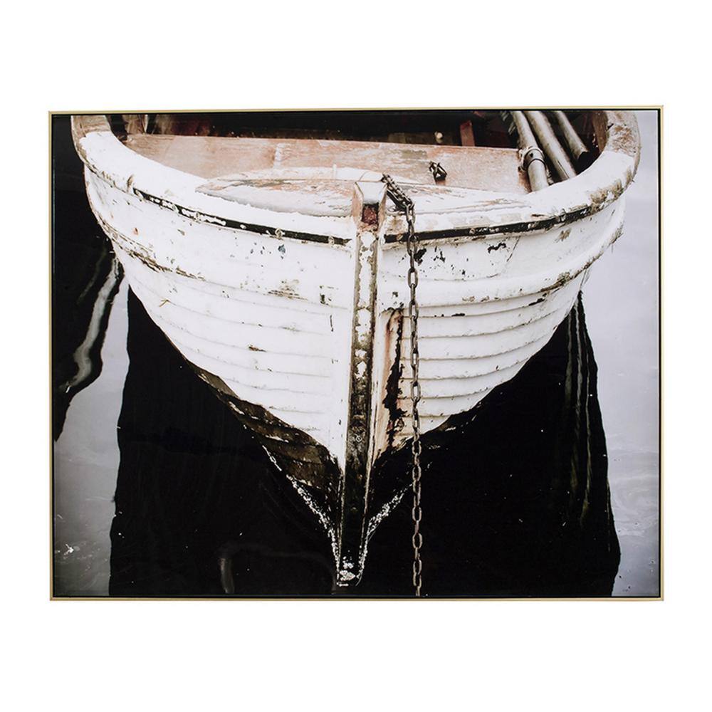 Large Black and White Boat Canvas Painting with Fir Wood Frame