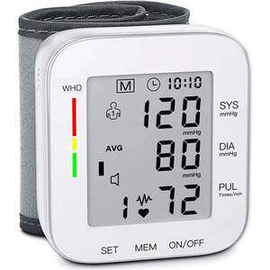 3.34 in. x 2.75 in. x 2.55 in. Blood Pressure Monitor Wrist White 1-Piece Large LCD Display Adjustable Wrist Cuff