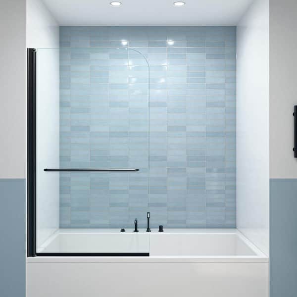 34 in. W x 58 in. H Pivot Frameless Tub Door in Matte Black with 1/4 in. (6 mm) Tempered Clear Glass