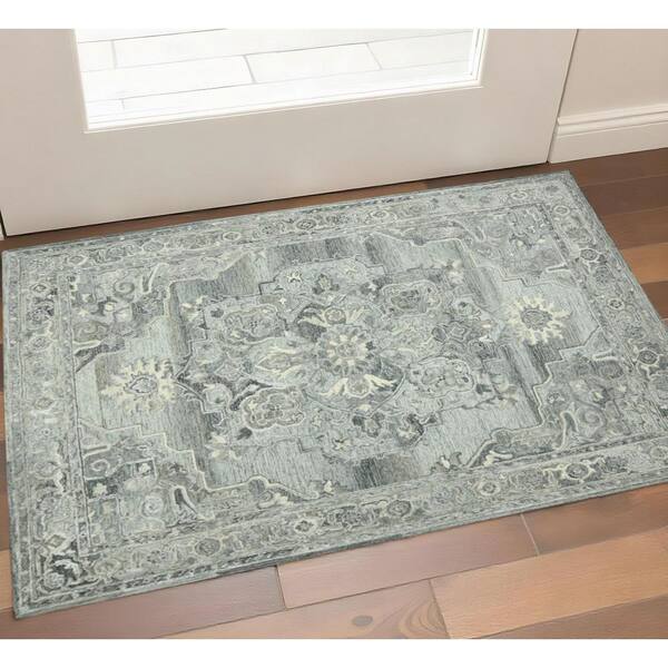 2 ft. x 3 ft. Gray Ivory And Light Blue Wool Oriental Hand Tufted Area Rug