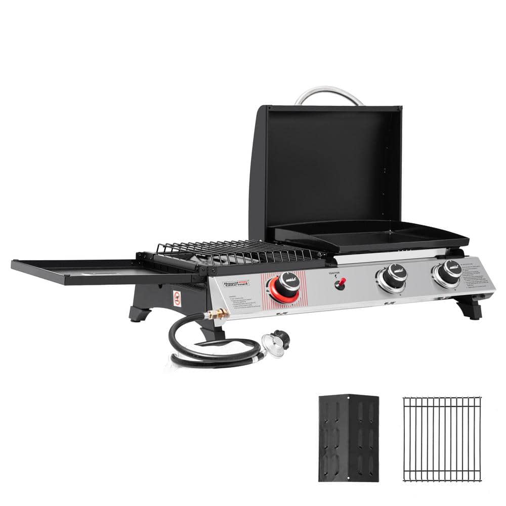 Silver and Black 3-Burner Portable Gas Griddle with Side Burner