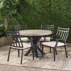 Delmar Light Grey and Black 5-Piece Stone and Metal Round Outdoor Dining Set with Beige Cushions