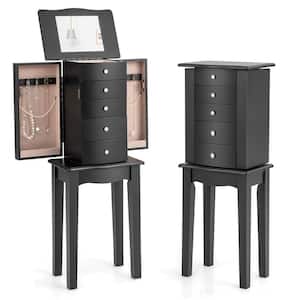 Black Wood Standing 12.5 in. W. Jewelry Armoire with Top Flip Mirror Jewelry Chest with 4 Drawers Black