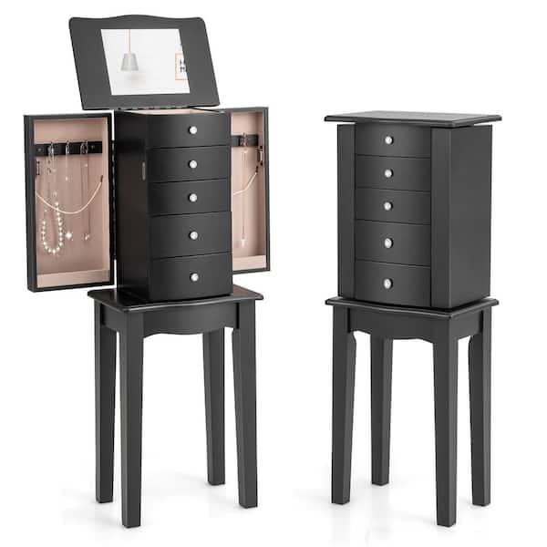 Gymax Black Wood Standing 12.5 in. W. Jewelry Armoire with Top Flip Mirror Jewelry Chest with 4 Drawers Black