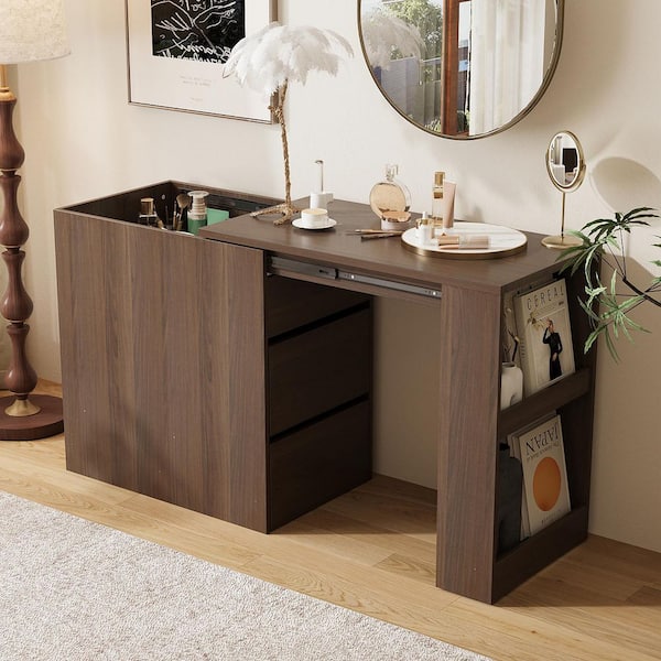 FUFU&GAGA Brown Wood Grain 2-Drawer 33.5 in. W Dresser, Vanity Table without Mirror, with 4-Shelf and Extendable Top Storage Space