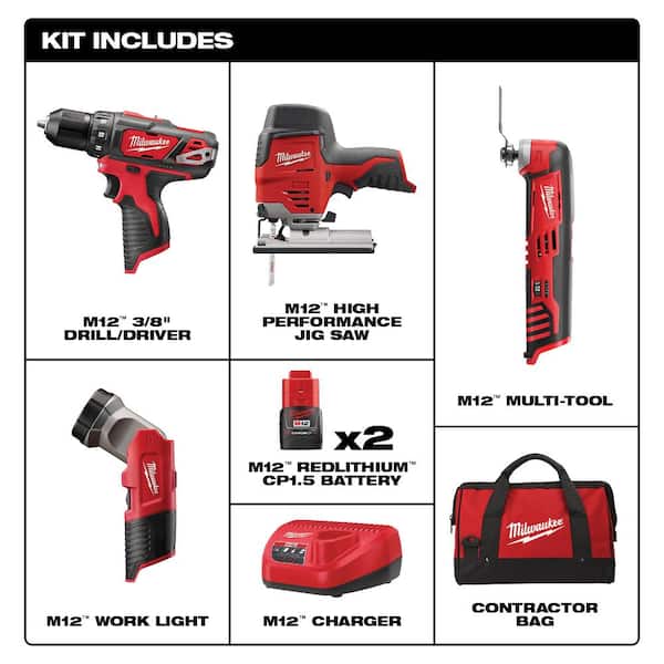 Milwaukee - M12 12V Lithium-Ion Cordless Combo Tool Kit (4-Tool) with Two 1.5 Ah Batteries, 1 Charger, 1 Tool Bag